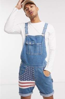 ASOS American Flag Patchwork Denim Short unisex Overalls